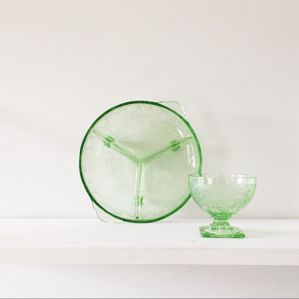 Two vintage green depression glass dishes